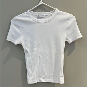 Zara White Ribbed Short Sleeve Tee
